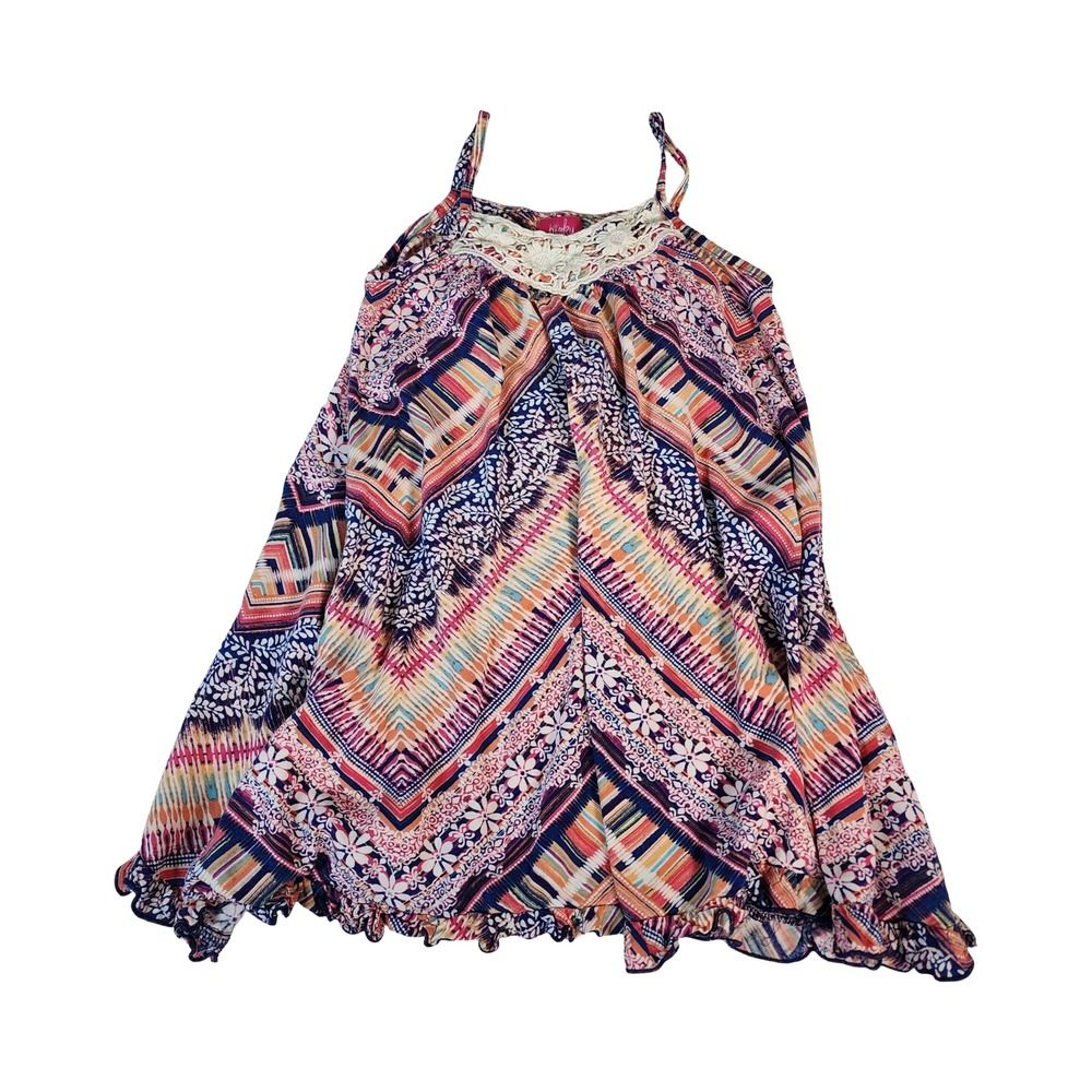 Pinky Womens Boho Geometric Floral Lace Neck Ruffle Hem Tank Top Blue Pink Sz‎ 5